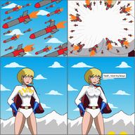 breasts giantess giga mega blonde comic large_breasts blue_eyes gloves short_hair explosion mountains missiles cape belt leotard dialogue hands_on_hips power_girl dc_comics bare_legs nightcore100