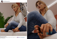feet blonde long_hair clothed handheld toes barefoot soles domination low_angle smiling foot_worship sitting shrunken_woman pinned indoors foot_slave nail_polish forced panels legs_crossed looking_at_tiny digital_render social_media goddessrachel