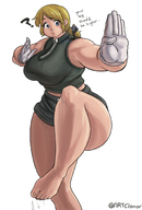 drawing giantess feet blonde color blue_eyes clothed toes barefoot ponytail muscles shorts fanart shoulder thick_thighs no_background artclonov