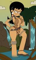 drawing giantess white_hair black_hair color large_breasts clothed barefoot water dark_skin tan cave_woman leopard_print on_shoulder looking_at_tiny loincloth smirking the_loud_house sonson_sensei