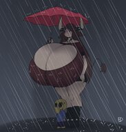 drawing horns long_hair cleavage glasses huge_breasts brunette mini_giantess umbrella raining thick_thighs spikes