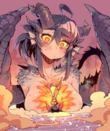 drawing gentle nude blushing horns wings color large_breasts long_hair anime blue_hair sweat yellow_eyes embarrassed ponytail shrunken_person outdoors dragon_girl scales bangs monster_hunter looking_at_tiny between_breasts karasu_chan1204 miraboreas