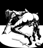 drawing giantess monochrome butt armor clothed knight bending_over shrunken_man ass_worship mask oral_sex looking_back dark_souls helmet no_background dancer_of_the_boreal_valley wittlesspilgrim ashen_one