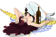 drawing blushing color cleavage red_hair lying_down bottle shrunken_man gundam_00 allelujah sumeragi gundam on_breasts