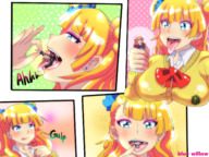 drawing giantess vore blushing blonde comic color long_hair tongue clothed handheld saliva anime sequence smiling red_hair shrunken_woman open_mouth inside_mouth swallowed panels bangs makeup bows throat_bulge no_background sound_effects looking_at_tiny galko blue_willow aoyagi