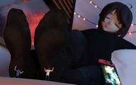 feet black_hair clothed toes soles low_angle smiling socks short_hair foot_worship shrunken_men sitting indoors foot_slave closed_eyes legs_crossed digital_render nintendo_switch polyphius