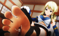 feet blonde long_hair clothed toes barefoot soles anime low_angle smiling foot_worship sitting pigtails shrunken_woman looking_down indoors foot_slave fairy_tail legs_crossed bangs erza_scarlet looking_at_tiny digital_render lucy_heartfilia stirrups karkaterium