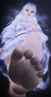 white_hair feet horns long_hair toes barefoot soles anime low_angle smiling foot_crush kitsune shrunken_woman looking_down fox_girl dragon_girl raised_foot multiple_tails stuck_to_foot dark_souls crossbreed_priscilla digital_render bare_legs tamamo_no_mae fate_(series) karkaterium