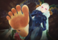 white_hair feet horns long_hair clothed toes barefoot soles anime low_angle green_hair foot_crush looming shrunken_woman looking_down indoors dragon_girl raised_foot imminent_crush fire_emblem looking_at_tiny pointed_ears digital_render tiamat skintight_clothing fate_(series) karkaterium tiki_(fire_emblem)