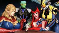 breasts giantess wings alien blonde black_hair large_breasts long_hair armor blue_eyes cleavage green_eyes brunette gloves giantesses avengers costume cape purple_skin helmet green_skin looking_at_tiny digital_render marvel_comics scarlet_witch guardians_of_the_galaxy captain_marvel the_wasp gamora mrnotlocazo thanos