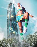 breasts giantess white_hair collage mega long_hair destruction bra skirt buildings storm dark_skin cheerleader_outfit top lightning x-men white_eyes bare_legs marvel_comics bare_midriff giantess3ditor