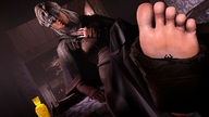 feet blonde long_hair armor clothed toes soles low_angle knight sitting shrunken_man looking_down trapped mask indoors under_foot raised_foot in_socks in_sock dark_souls digital_render simsda stirrups fire_keeper covered_eyes ashen_one