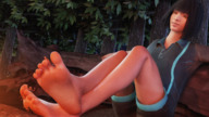 feet black_hair clothed toes barefoot soles smiling asian short_hair sitting foot_crush shorts foot_play shrunken_woman between_toes outdoors under_foot bangs looking_at_tiny digital_render bare_legs bantoras dead_by_daylight feng_min nea_karlsson kate_denson