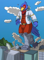 drawing furry anthro city color destruction giant clothed foot_crush nintendo falco_lombardi fox_mccloud star_fox andythetanuki corneria