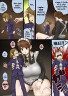 drawing panties upskirt comic color large_breasts clothed bed brunette brown_eyes lying_down mini_giantess maid_uniform intimidation servant uru on_body bullying