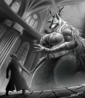 drawing furry wolf anthro monochrome large_breasts long_hair clothed cleavage low_angle kneeling surprised muscles shrunken_man standing indoors antlers commission sharp_teeth thick_thighs looking_at_tiny bloodborne covered_eyes vicar_amelia soldier096 fullmetalmentalist