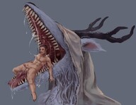 drawing nude vore furry wolf anthro color tongue penis saliva shrunken_man inside_mouth mouth_play antlers imminent_vore on_tongue sharp_teeth no_background bloodborne covered_eyes vicar_amelia tinyfaceart