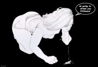 drawing monochrome long_hair saliva smiling crawling shrunken_man looking_down maxart1 dialogue no_background