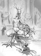 drawing nipples nude pussy furry wolf anthro monochrome penis sex toes barefoot bandages topless smiling paws shrunken_man indoors crouching wet_pussy antlers sharp_teeth looking_at_tiny bloodborne covered_eyes vicar_amelia zaggatar