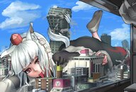 drawing giantess white_hair city color destruction clothed licking buildings anime touhou lying_down short_hair looking_down smoke bangs debris momiji_inubashiri dog_girl crumbling bigsis_iyashi