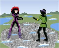 breasts drawing giantess city mega alien black_hair color large_breasts destruction crossover high_heels buildings green_eyes gloves red_hair short_hair boots giantesses costume pointing dc_comics marvel_comics shrinking_violet nightcore100 legion_of_superheroes scintilla imperial_guards