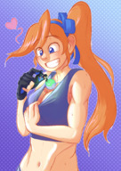 drawing giantess color large_breasts long_hair blue_eyes cleavage ribbon shrunken_man between_fingers top ace_attorney orange_hair no_background athena_cykes simon_blackquill inverseautotroph