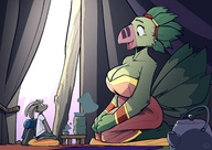 drawing gentle furry tail anthro color large_breasts clothed smiling ducky green_hair dress mini_giantess kneeling open_mouth tea indoors bird_girl avian beak feathers green_skin looking_at_tiny tent teapot hand_on_knees
