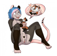 drawing gentle nude pussy feet furry tail anthro color handheld toes cleavage green_eyes fox smiling paws sitting heart shrunken_man piercing grey_eyes no_background looking_at_tiny multicolored_hair possum cutaway villmix