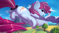 drawing giantess nude pussy furry tail wings city color butt clit destruction barefoot buildings ribbon castle lying_down pink_eyes asshole mountains forest hooves clouds thighs outdoors sky pussy_crush looking_back trees my_little_pony windmill multicolored_hair bare_legs mountainside discordthege cutie_mark plains
