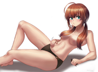 breasts drawing giantess color blue_eyes handheld barefoot brunette topless underwear twintails shrunken_people burp no_background implied_digestion kuroihassan