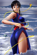 drawing giantess black_hair color clothed anime dress surprised black_eyes dragon_ball goku standing clouds thighs chi_chi looking_at_tiny picojin nimbus