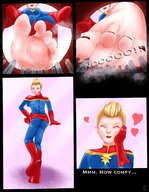 drawing giantess micro feet blonde comic color toes sweat low_angle boots unaware between_toes shrunken_city costume point_of_view commission dialogue imminent_crush impending_doom superheroine marvel_comics captain_marvel imminent_foot_crush