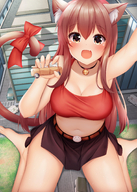 breasts drawing giantess blushing tail city color destruction clothed handheld skirt cat_girl looking_at_viewer hank88 kanade