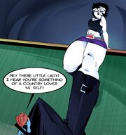 drawing panties upskirt black_hair color large_breasts clothed skirt glasses low_angle boots looming shrunken_man standing thighs indoors sideboob countertop looking_at_tiny black_lips pale_skin bare_legs leaning_against_wall bare_midriff slugmanoctavio3 musician