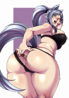 drawing pussy panties blushing color large_breasts long_hair butt anime underwear smiling ponytail anal_insertion bending_over shrunken_man grey_hair looking_back wolf_girl pushing semi_nude winking thick_thighs no_background bare_legs ecchipandaa