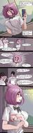 drawing gentle blushing comic color large_breasts clothed anime cat_ears smiling story embarrassed pink_hair uniform walking shrunken_man cat_girl indoors pressed dialogue panels bra_entrapment clothing_entrapment iwillsunder