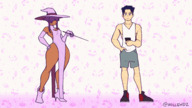 drawing color clothed shrinking anime purple_hair short_hair witch animation shrunken_man dark_skin magic crouching thick_thighs no_background looking_at_tiny witch_hat bare_legs hollewdz