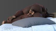 nude feet black_hair long_hair butt toes soles bed lying_down anal_insertion shrunken_man dark_skin indoors struggling thick_thighs no_background digital_render between_buttcheeks oern