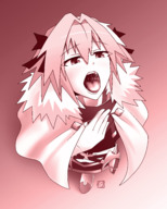 drawing vore monochrome tongue male clothed saliva anime high_angle short_hair shrunken_woman open_mouth inside_mouth hanging_on imminent_vore no_background femboy jeanne thunderafterdark fate_(series) astolfo