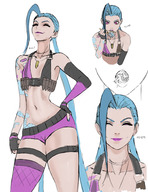 drawing vore color clothed anime blue_hair smiling hand shrunken_woman inside_mouth swallowed chopsticks tattoo closed_eyes braid thigh_highs league_of_legends sona no_background skimpy_clothing bare_midriff jinx_(league_of_legends) ezkerbkun