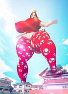 drawing long_hair destruction brunette crown looking_down outdoors tinies big_butt raised_foot running_away thick_thighs bare_midriff luvbigbootygirls