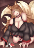 drawing giantess anthro size_difference color clothed cleavage huge_breasts shrunken_woman fox_girl a-i-k