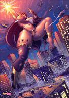 drawing city destruction rampage buildings helicopter huge_breasts topless smiling pee outdoors ripped_clothing funboy