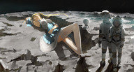 drawing giantess sleeping blonde space color moon lying_down thigh_highs astronaut stars spacesuit armpits somehira_katsu
