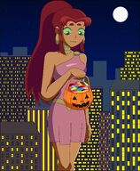 breasts drawing giantess city mega alien black_hair color large_breasts long_hair buildings green_eyes moon giganta teen_titans red_hair ponytail starfire dress halloween robin night candy costume earrings belt atom bracelet on_shoulder dc_comics orange_skin bare_legs nightcore100 pumpkin_bucket