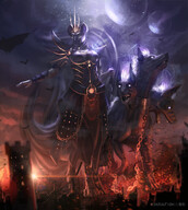 drawing giantess furry anthro color armor destruction clothed barefoot cleavage buildings goddess hyena smiling paws fire cerberus smoke magic outdoors chains tiara debris glowing_eyes ishrafnhildr