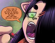 drawing furry anthro black_hair color long_hair clothed handheld green_eyes halloween mawshot teasing open_mouth dialogue imminent_vore glowing_eyes looking_at_tiny one_eye_covered tdart td kathy