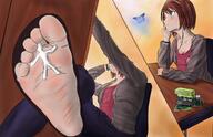drawing feet blushing color blue_eyes clothed toes playful soles shoes in_shoe socks red_hair sitting camera entrapment panels life_is_strange max_caulfield shoe_entrapment uroboros3
