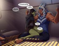 breasts horns alien black_hair large_breasts armor blue_eyes barefoot skirt bed green_eyes short_hair mini_giantess muscles amazon star_wars flexing tattoo closed_eyes belt dialogue tiara hood green_skin orange_skin bare_legs togruta zerohour99 ahsoka_tano jedi mirialan barriss_offee lekku