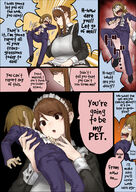 drawing panties upskirt comic color large_breasts clothed bed brunette brown_eyes lying_down mini_giantess uniform maid_uniform intimidation servant uru on_body bullying